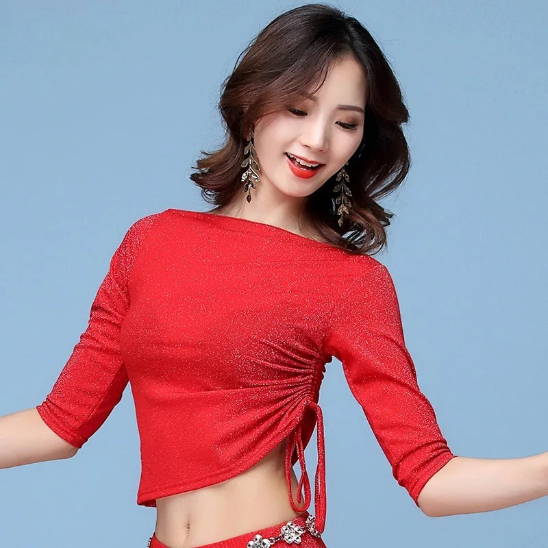 맞춤형 새로운 밸리 댄스 의상 연습 의류 실버 메쉬 사이드 드로우 스트링 탑 초보자를위한 연습 의류 성인용