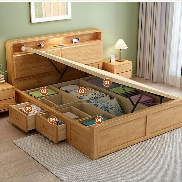 

Современная кровать в скандинавском стиле размера Queen/King с элегантным высоким основанием-ящиком для хранения вещей, с обивкой, для спальни