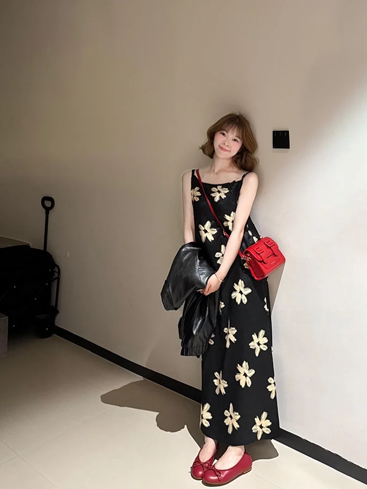 

Uomosi STAZF7 Retro Print Vacation Skirt Women's Spring 2026 Elegant Lazy Style Strap Long Dress City Commuting Date Work
