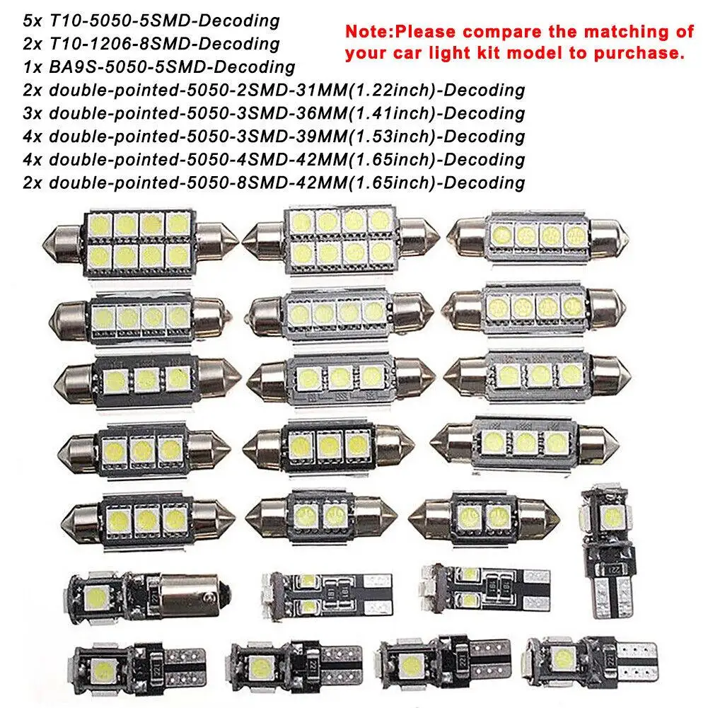 23pcs Led Car Light Bulb T10 Interior Map Dome Trunk License Plate Lamps Kit Ultra-Thin Shape White Lights Car Lighting Set