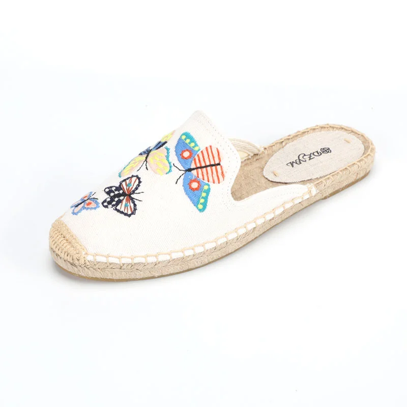 2021 Pantufa Flip Flops Simple Mule Breathable Flat Espahemp Summer Rubber Cotton Fabric Floral Drilles Shoes, Pure Color Mules