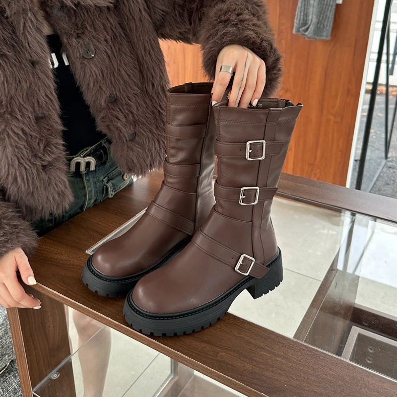 

ZOOKERLIN Platform Combat Boots Thick Heel Buckle Vintage Fashion Casual Luxury Designer Western Mid Calf Boots Shoes For Women