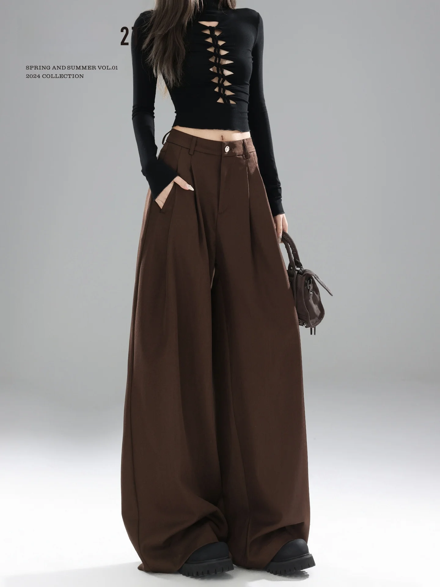 Forever 21 Casual Brown Draped Wide Leg Pants Women's Loose Slim High Waist Suit Trousers Pear Shape Drapey Loose Fit Casual ...