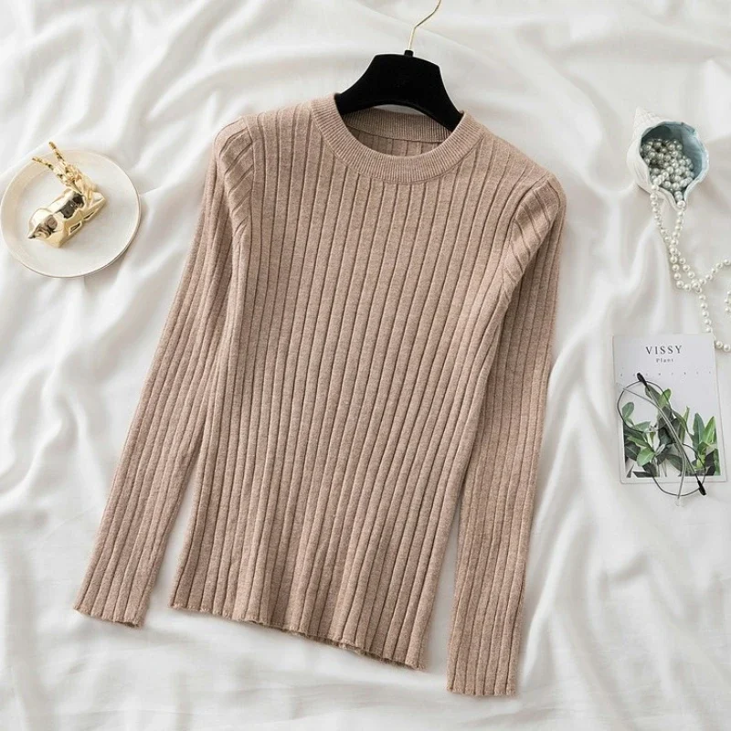 เสื้อสเวตเตอร์ไหมพรมผู้หญิง แขนยาว คอโอ ทรงเข้ารูป สไตล์เกาหลี สำหรับฤดูใบไม้ร่วงและฤดูหนาว ปี 2025