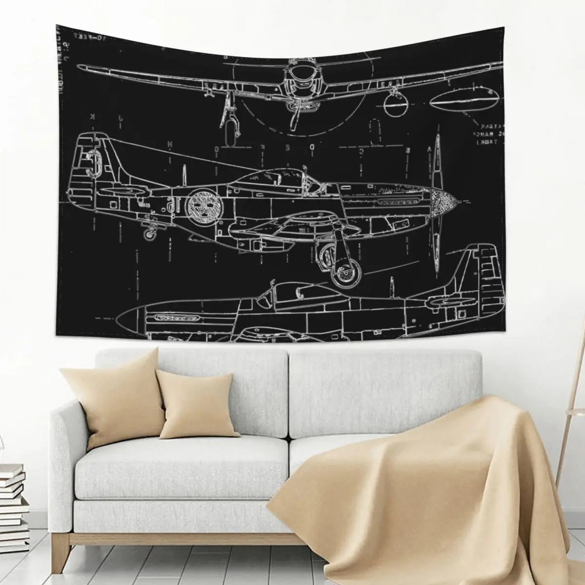

P-51 Concept Blueprints Tapestry Room Decorator Wall Decoration Decor Home Tapestry