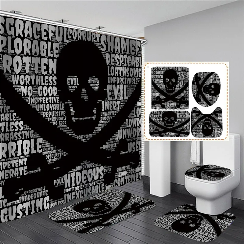 Black Skull Skeleton Printed Shower Curtain Set Horrible Halloween Festival Bathroom Curtain Sets Decor Pedestal Rug Lid Carpet