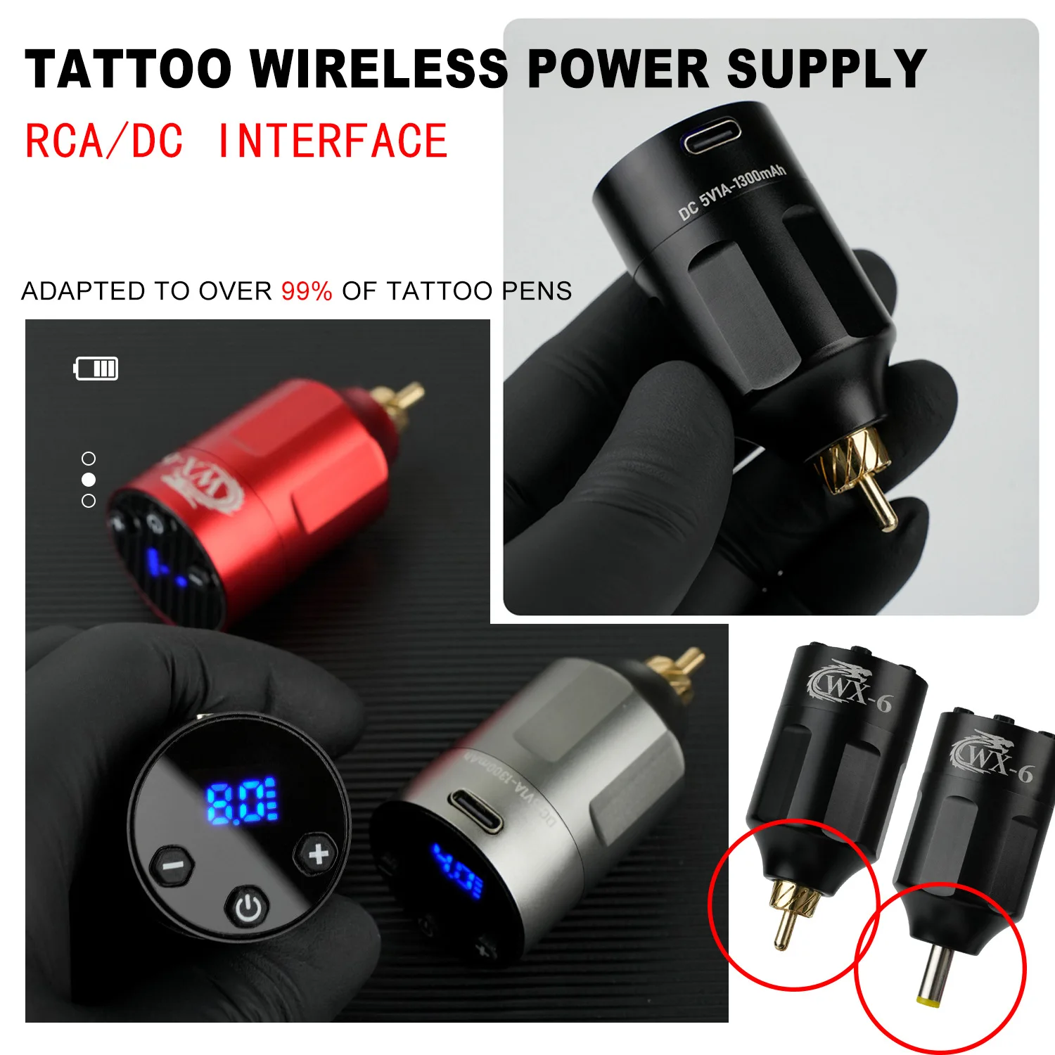 

Mini Tattoo Power Supply 1300mAh RCA DC Tattoo Battery Bank Source Light Weight Wireless Tattoo Power Supply WX-6