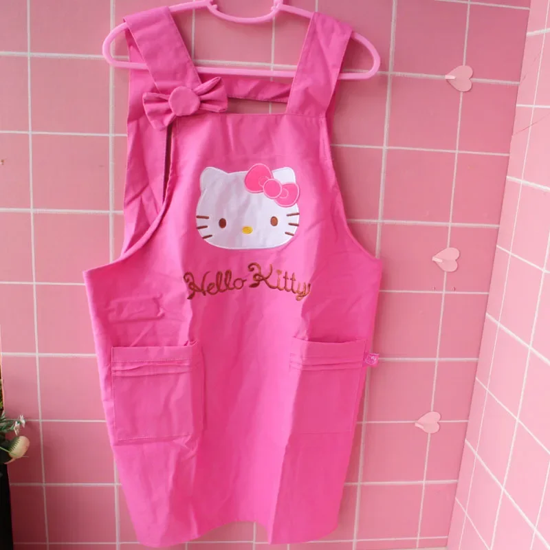 Sanrio Hello Kitty Pink Apron Kawaii Anime Figures Korean Version Adjustable Sleeveless Pocket Kitchen Supplies Tool Adult Women