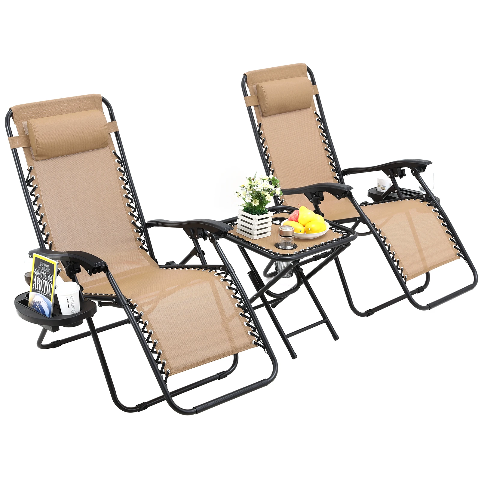 MVPower Sun Loungers Set of 2 Zero Gravity Chair Foldable with Side Table,Cup Holder,Adjustable Head Cushion for Garden Outdoor