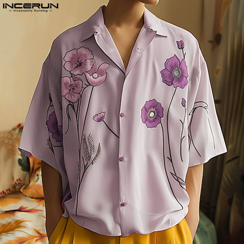 

INCERUN Men Shirt Flower Printing Lapel Short Sleeve Button Loose Men Clothing Summer 2024 Streetwear Vacation Fashion Shirts