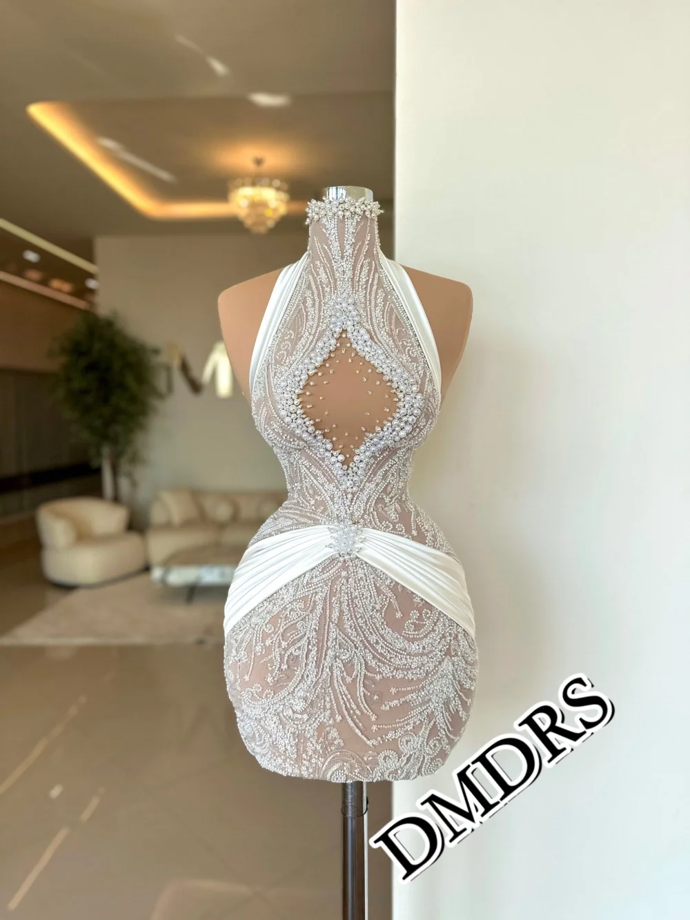 

DMDRS Sexy Sleeveless Evening Dress Romantic Beaded Party Gown Formal Pearl Crystal Beaded Knee-Length Party Dress
