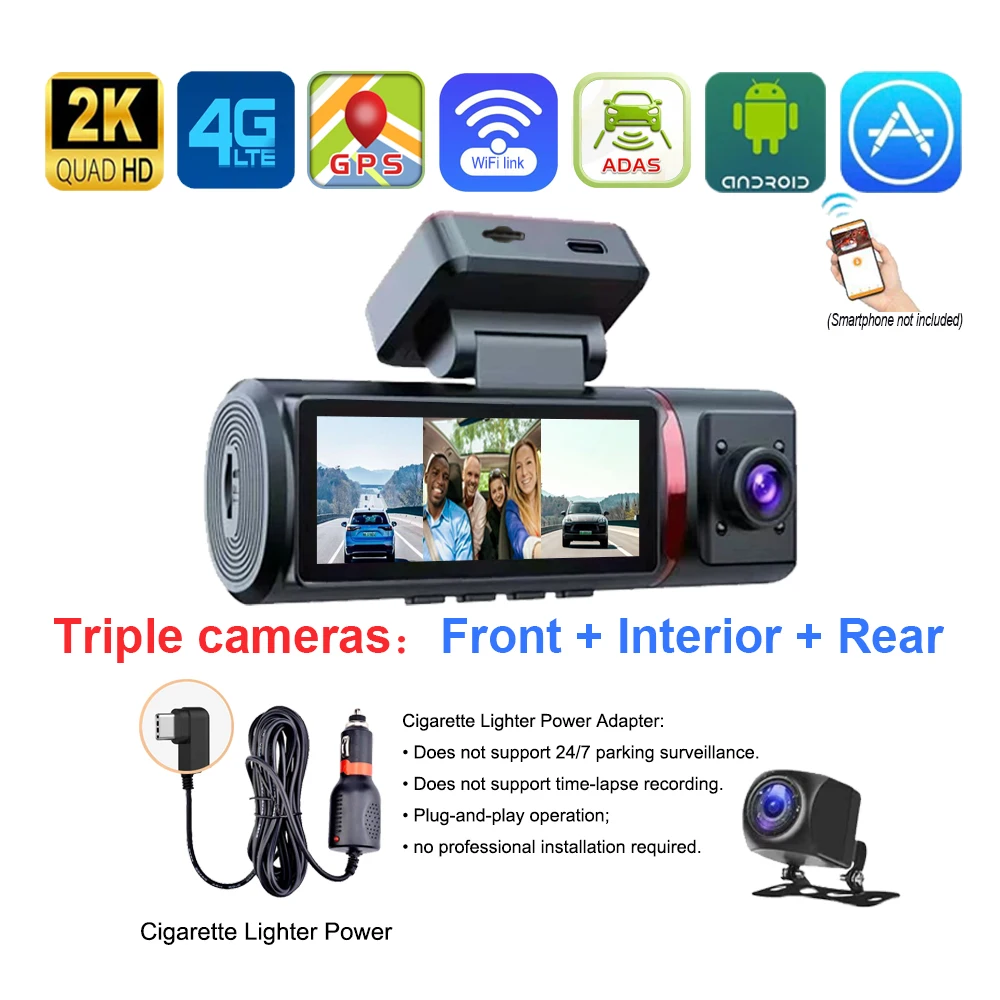 4G-LTE Verborgen 3CH 2K Dashcam ADAS Sentry GPS RemoteSnap Dodehoek 24H Parkeerapp Bewegingsdetectie G-sensor Looprecording TimeLapse Nachtzicht