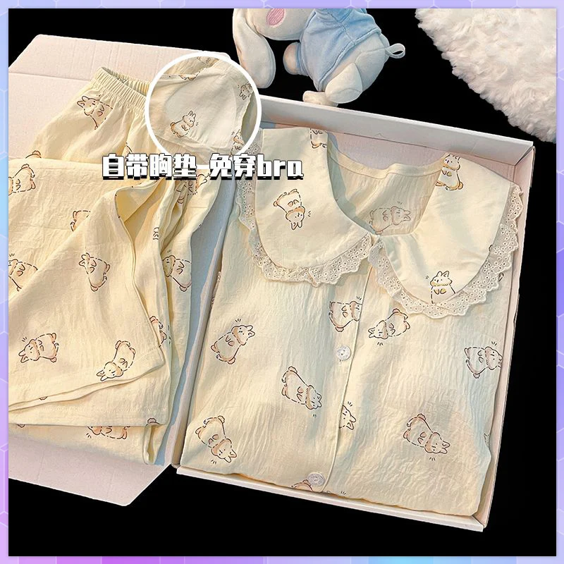 Two-Piece Spring Autumn Kawaii Long Sleeves Women's Pajamas Set Printed Home Wear Suit Sweet Pajama With Chest Pad Pijama Пижама