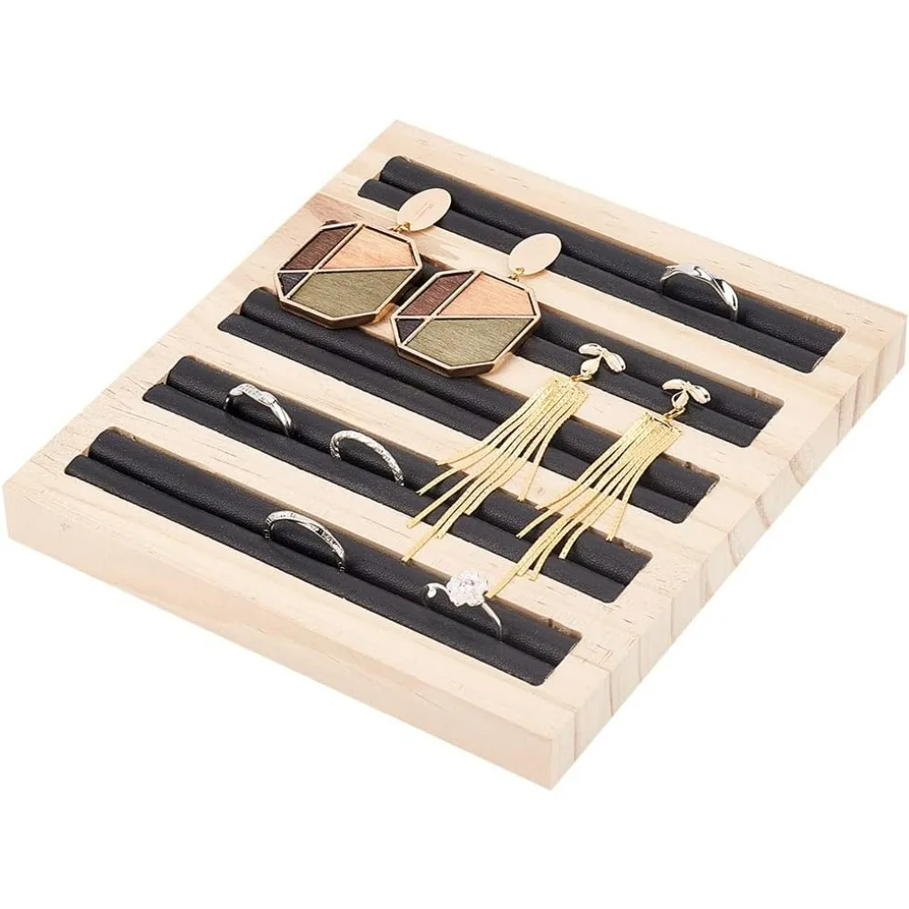 Ring Display Board Black Leather Earrings Trays 6.5x5.91x0.67inch 5 Slots Bamboo Holder Ring Display Stand Jewelry