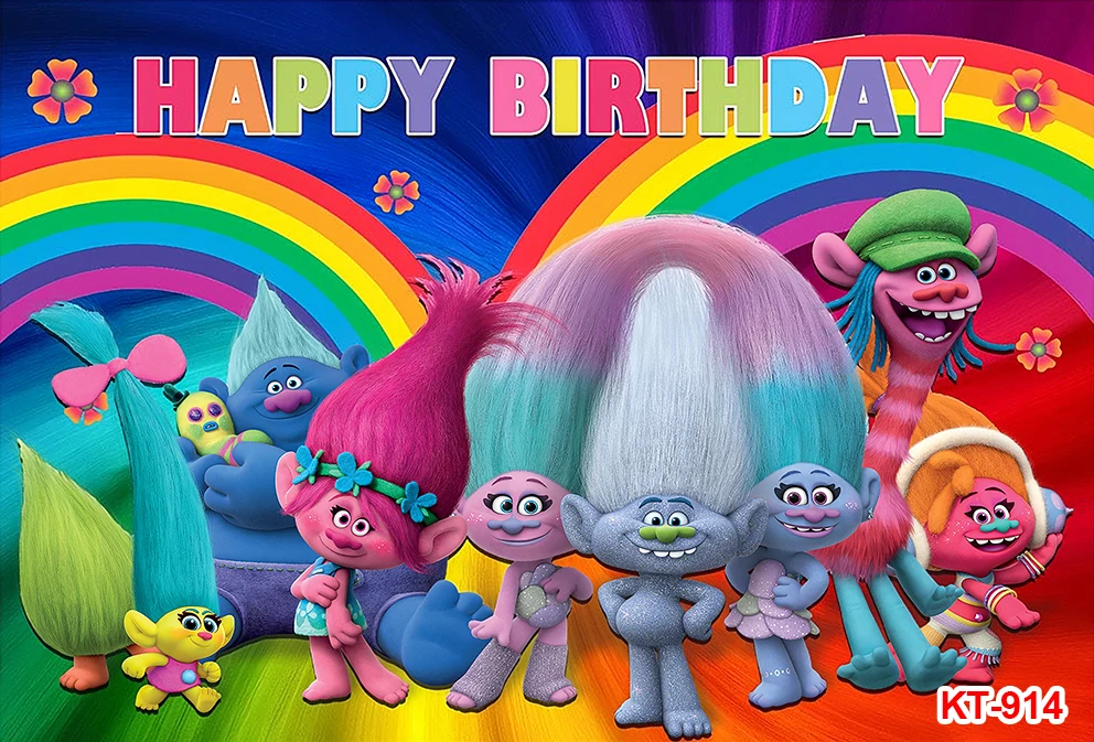 Trolls Theme Photography Backdrop Happy Birthday Party Decoration for Kids Boy Girl Photo Studio Props Vinyl Background