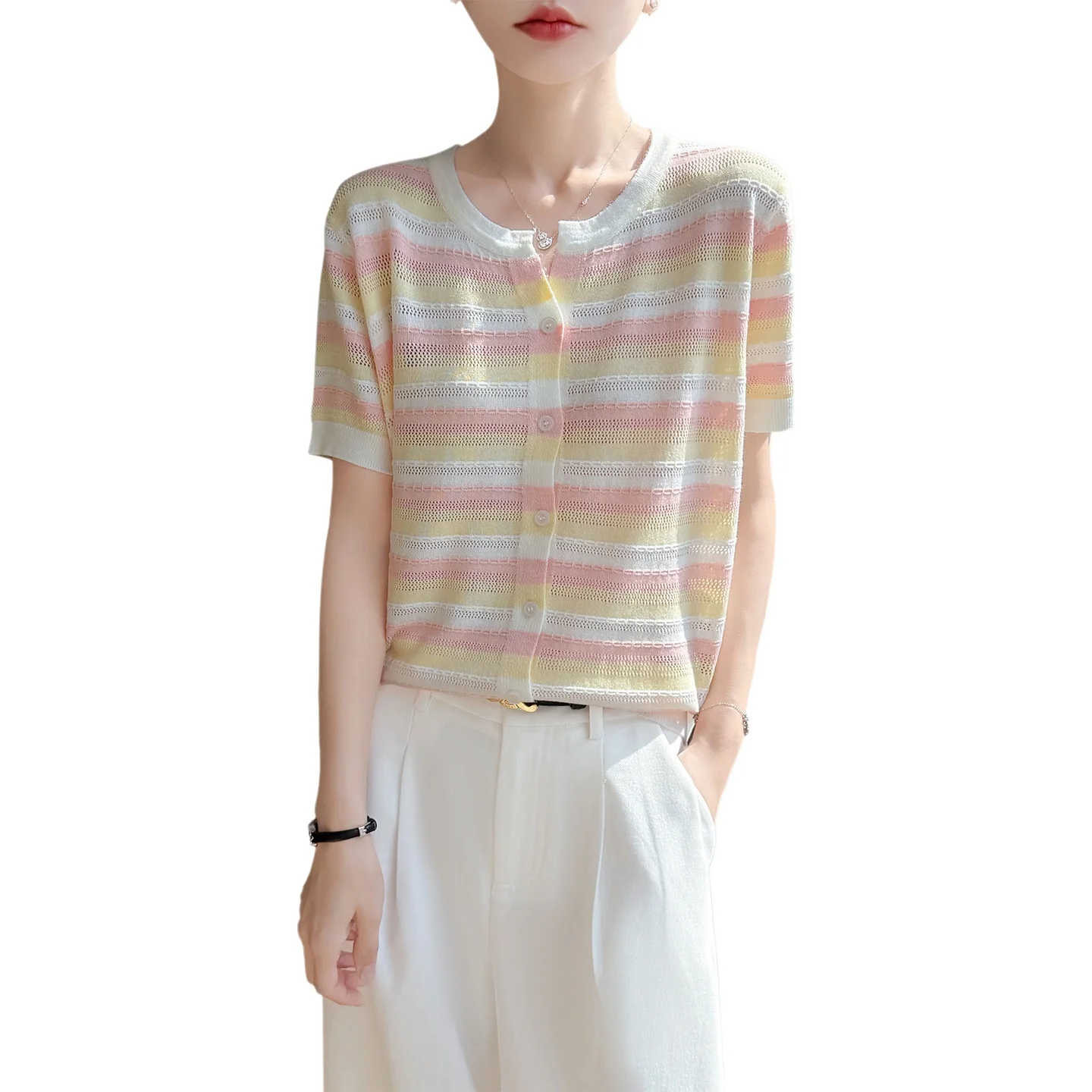 French Vintage Striped Ice Silk Knitted Short Sleeve Open Cardigan Women's Thin Gentle Korean Style Anti-aging Top