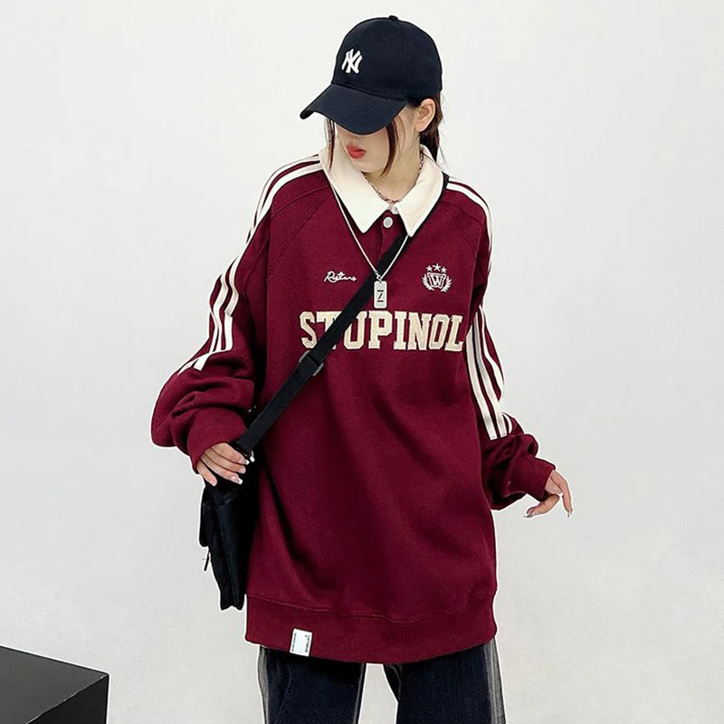 Gidyq Spring Women Sweatshirt American Style Fashion Letter Embroidery Loose Baseball Uniform Female Streetwear Pullover Tops