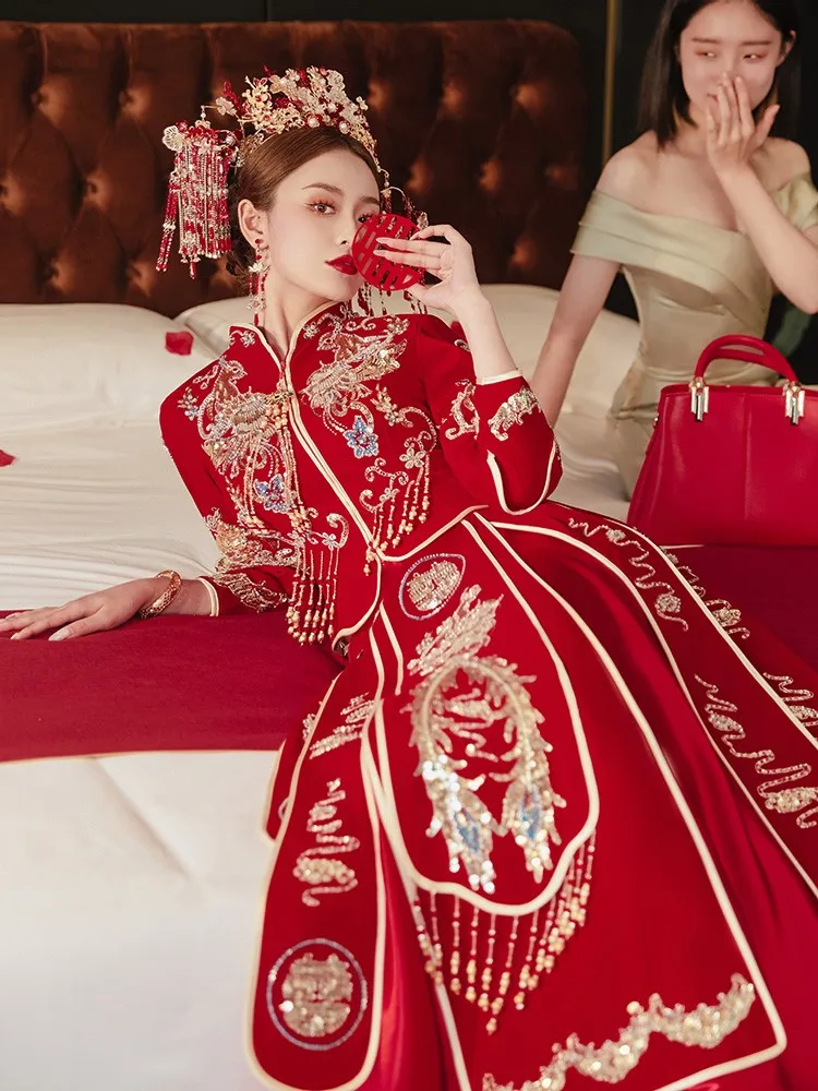 Velvet dress new Chinese-style wedding luxurious and elegant