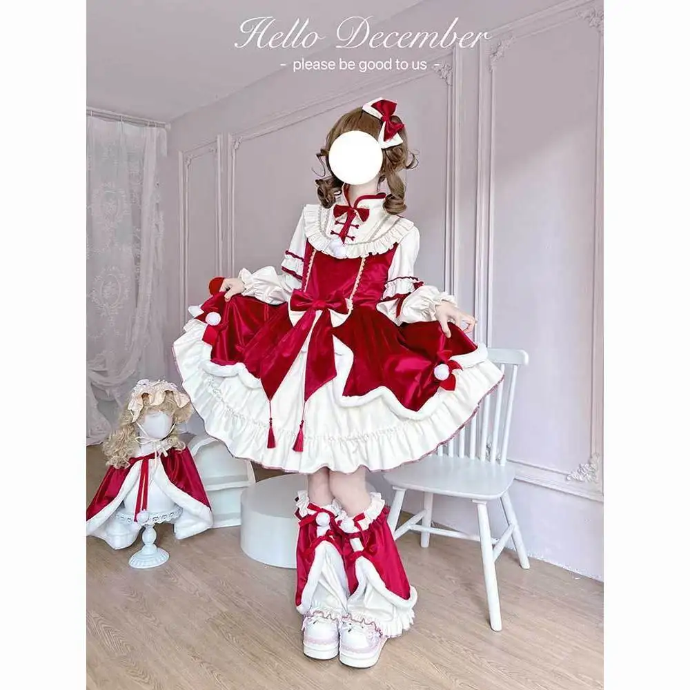 

Комплект платья SOIOMES Lolita: оригинальный дизайн, новогодний красный, милый зимний, с длинными рукавами