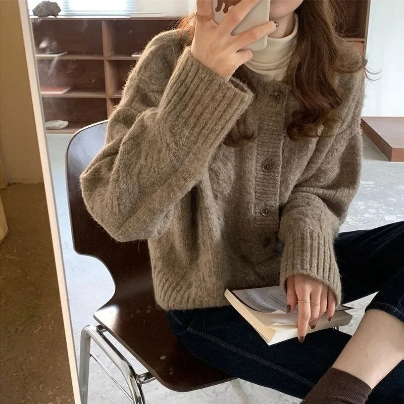 Autumn and Winter Knitted Sweater Women Cardigan Vintage Loose Long Sleeve Warm Woman Sweater V-neck Cropped Cardigans Top 16053