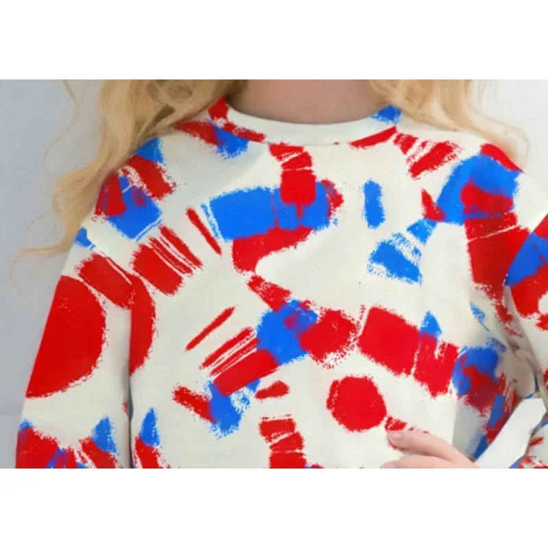 سويت شيرت كاجوال للأطفال موديل 2025 برقبة دائرية - قميص بأكمام طويلة مطبوع عليه رسومات فنية تجريدية باللونين الأحمر والأزرق للفتيات والفتيان #6