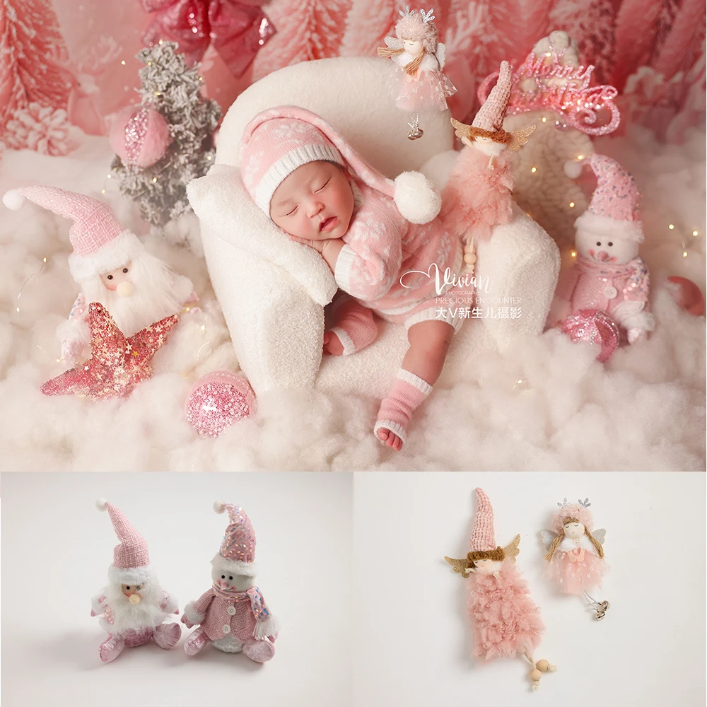 Set Alat Peraga Fotografi Bayi Baru Lahir Natal Merah Muda Kostum Bayi Rajutan Boneka Santa Alat Peraga Dekorasi Pohon Natal untuk Pemotretan Studio Foto Bayi