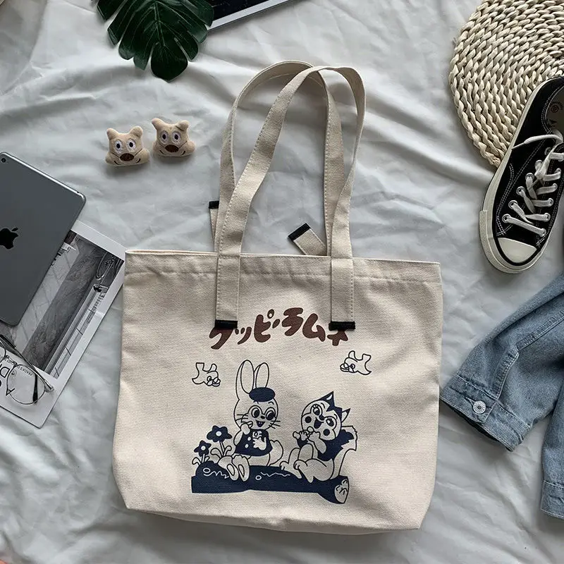 Fashion Cartoon Printed Single Shoulder Canvas Bags College Style Simple, Versatile Large Capacity Tote Bag Suitable for Commute