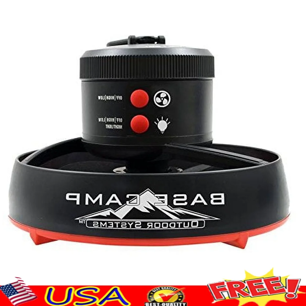 

Вентилятор для палатки со светодиодной подсветкой, работающий от батареи, регулируемая скорость, 2-скоростной аксессуар для кемпинга, карабин, крючок в комплекте, портативный, для наружного использования