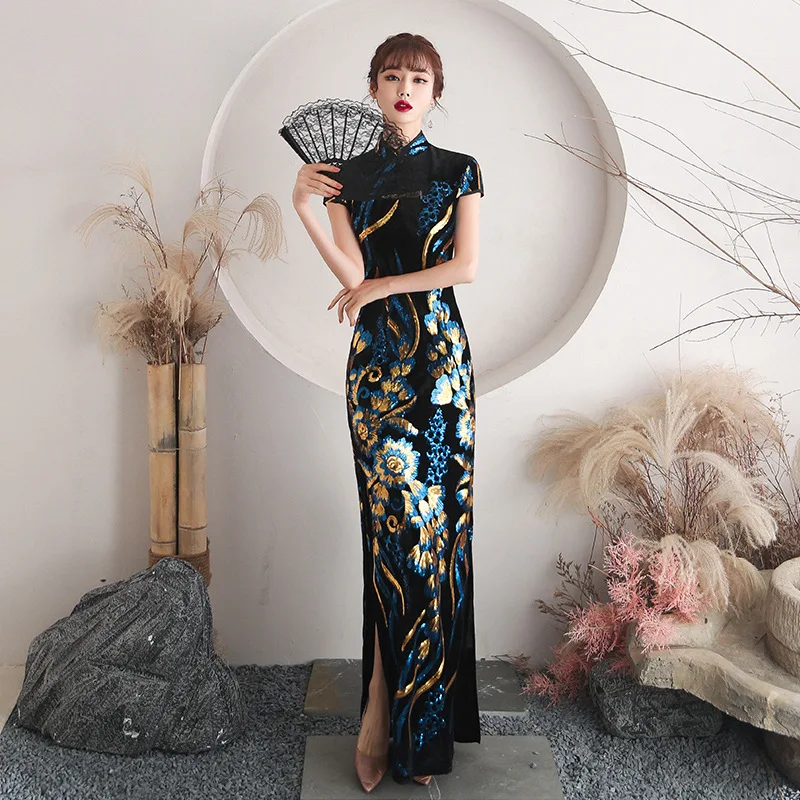 Cheongsam púrpura elegante para mujer, vestido de noche Sexy de estilo chino Retro, Qipao Vintage, Vestidos ajustados