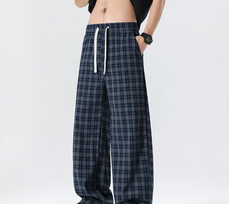 Checkered Casual Pants Men's 2026 Summer Retro Loose Straight Leg Sports Pants