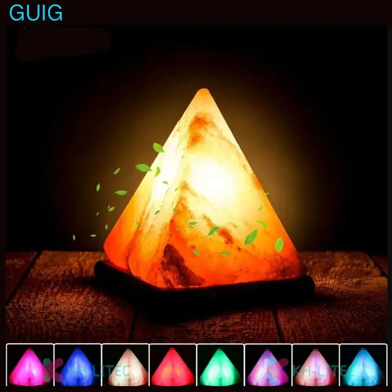 

Triangle USB Salt Lamp Hand Carved Purifier Night Light Wooden Base Himalayan Colorful Natural Crystal Rock Lamp Light