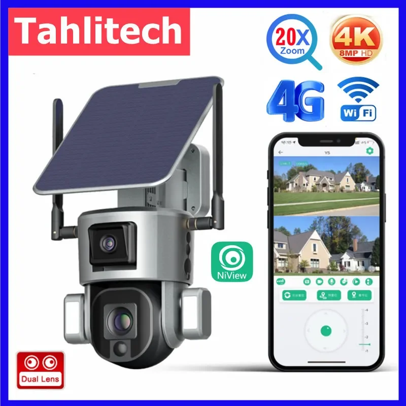 8MP 20X Optical Zoom 4G Solar Camera Dual Screen Wireless Outdoor 4K WiFi PTZ Human Auto Tracking Surveillance Cameras