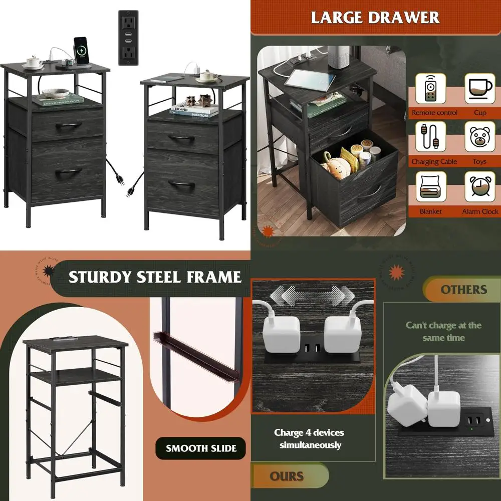 

black dual-function nightstand with usb charging & fabric drawers for bedrooms