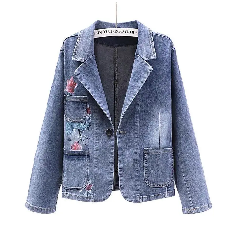 

2023 Retro Print Suit Collar Denim Coat Women's Spring Autumn Slim Single Button Short Outwear Casual Female Jeans Jacket Tops