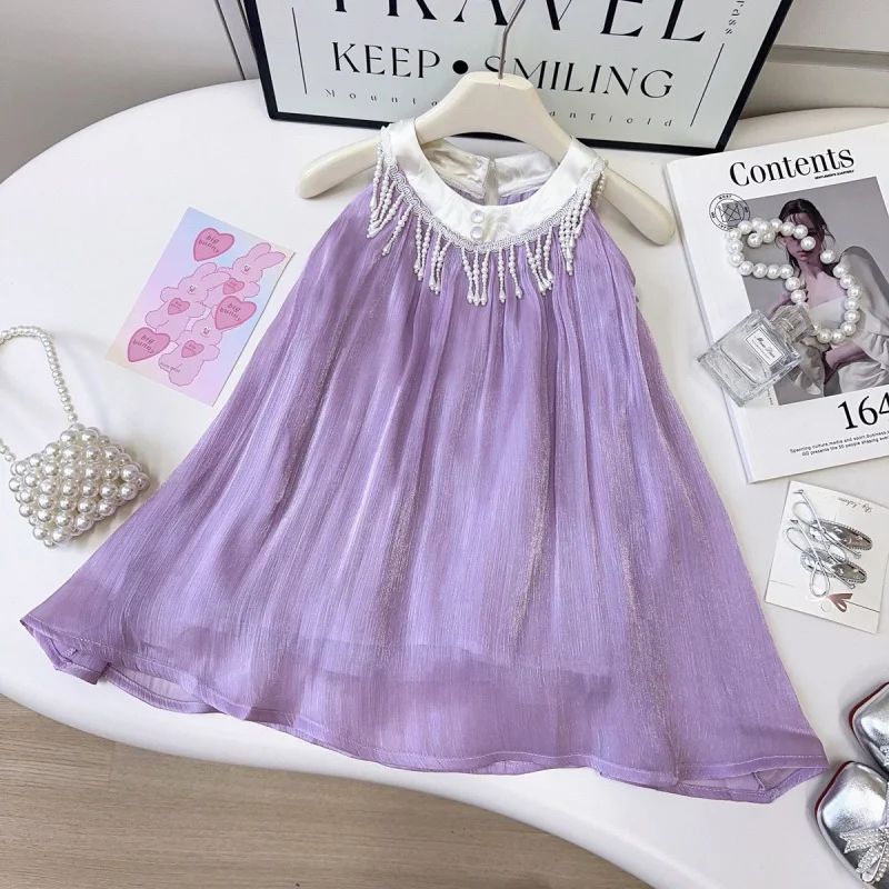 

2025Summer Girls' Dress Little Girl Halter Neck Tank Dress Children's Vacation Style Beach Dress Wholesale