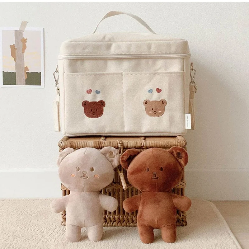 Embroidery Bear Insulated Lunch Bag Kids Portable Food Storage Canvas Waterproof Thermal Lunch Box Mommy Diaper Bag For Stroller