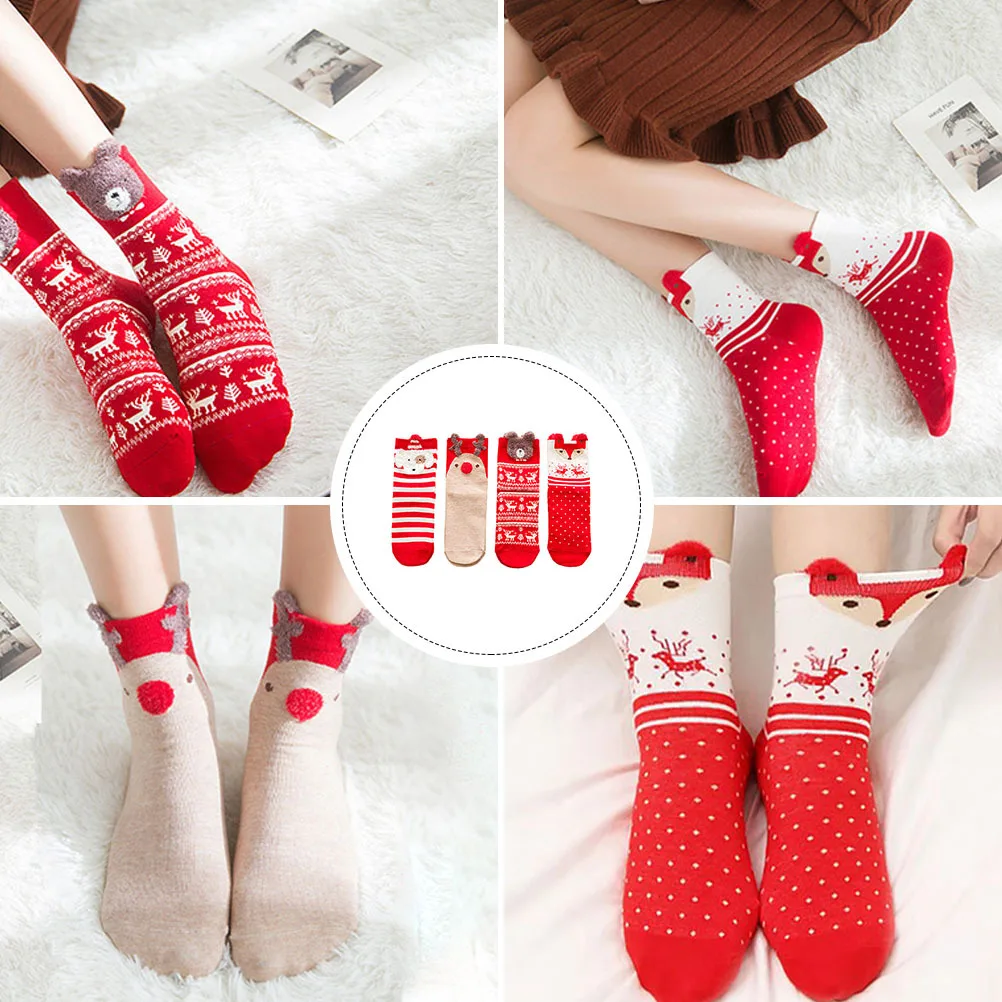 

4Pairs Christmas Socks Warm Cotton Comfortable Xmas Footwear Red Mixed Party Adorable Socks Decorative Stockings