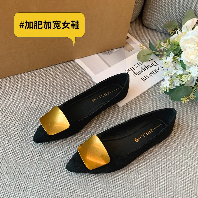 

Black And Brown Suede Pointed Toe Flats For Women With Gold Square Buckle Detail Comfortable Casual Office And Daily Wear Shoes