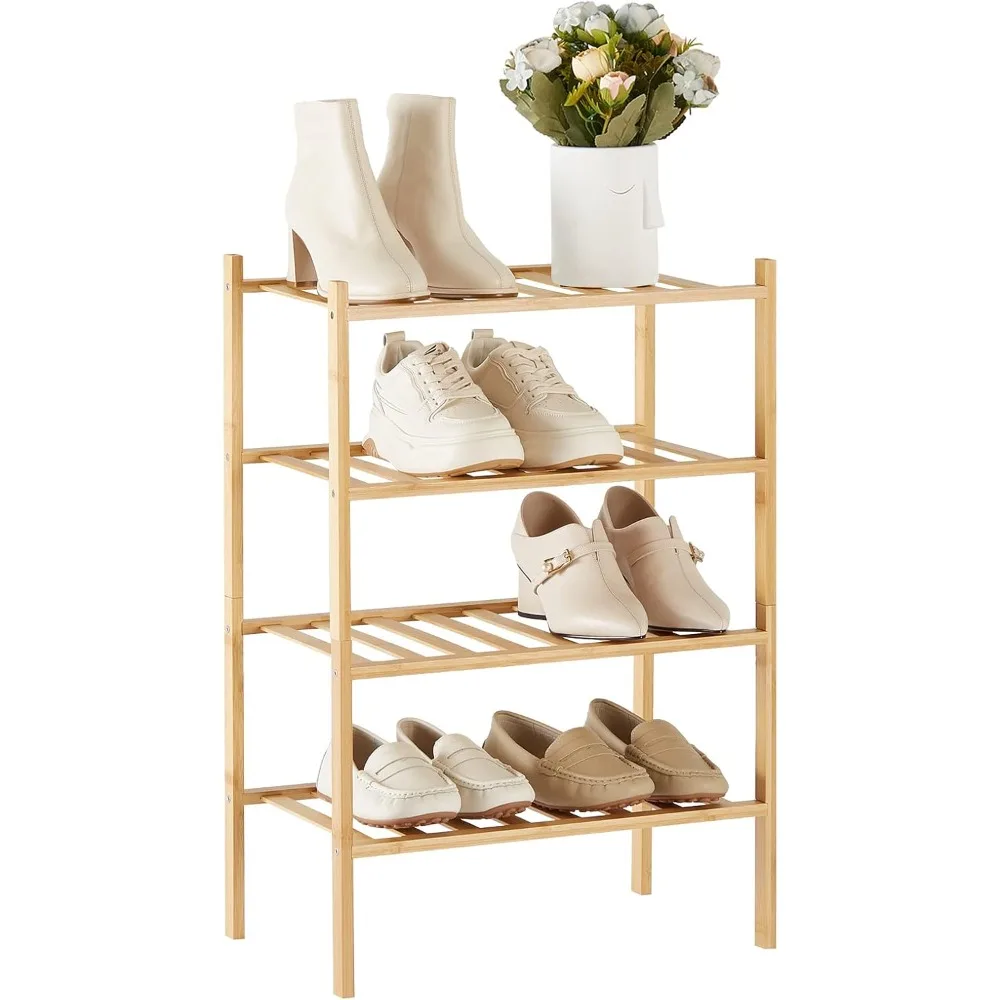 for Entryway Closet 4 Tier Narrow  Stackable Organizer Storage Bamboo Shoe Rack Vertical Small Shoe Rack Room