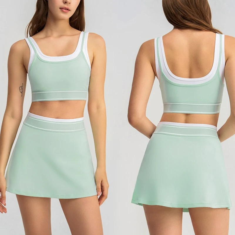

New contrasting color 2-piece yoga suit suspender comfortable vest & anti-embarrassing yoga skirt fitness tennis slim set