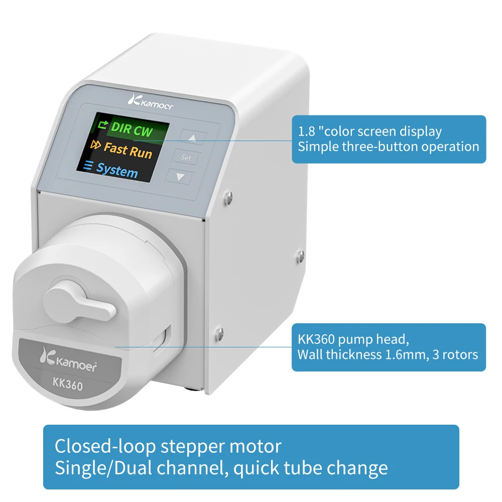 

Kamoer 310ml/min M2-KK360-A Peristaltic Pump 24V Quick Tube Change High Precision Closed Loop Motor 300rpm, Foot Swith for Lab