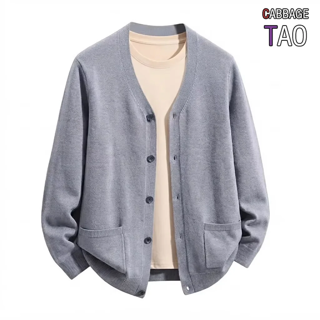 Autumn Men's V Neck Knit Cardigan Sweater Casual Button Down Long Sleeve Pocket Knitted Outerwear Tops Comfortable Jacket Coats