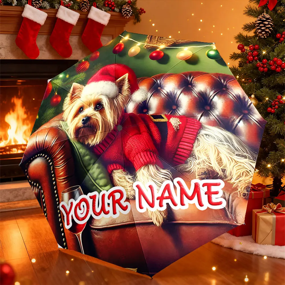 Custom Name Umbrella， Yorkshire Terrier in Santa Outfit on Christmas-Themed Background,Portable Folding Umbrella,Christmas Gift