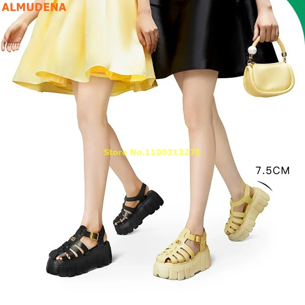 Platform Caged Sandals Muffin Heel Comfortable Height Increase Ankle Buckle Summer Women Shoes Round Toe Heel 7.5 cm Shoes