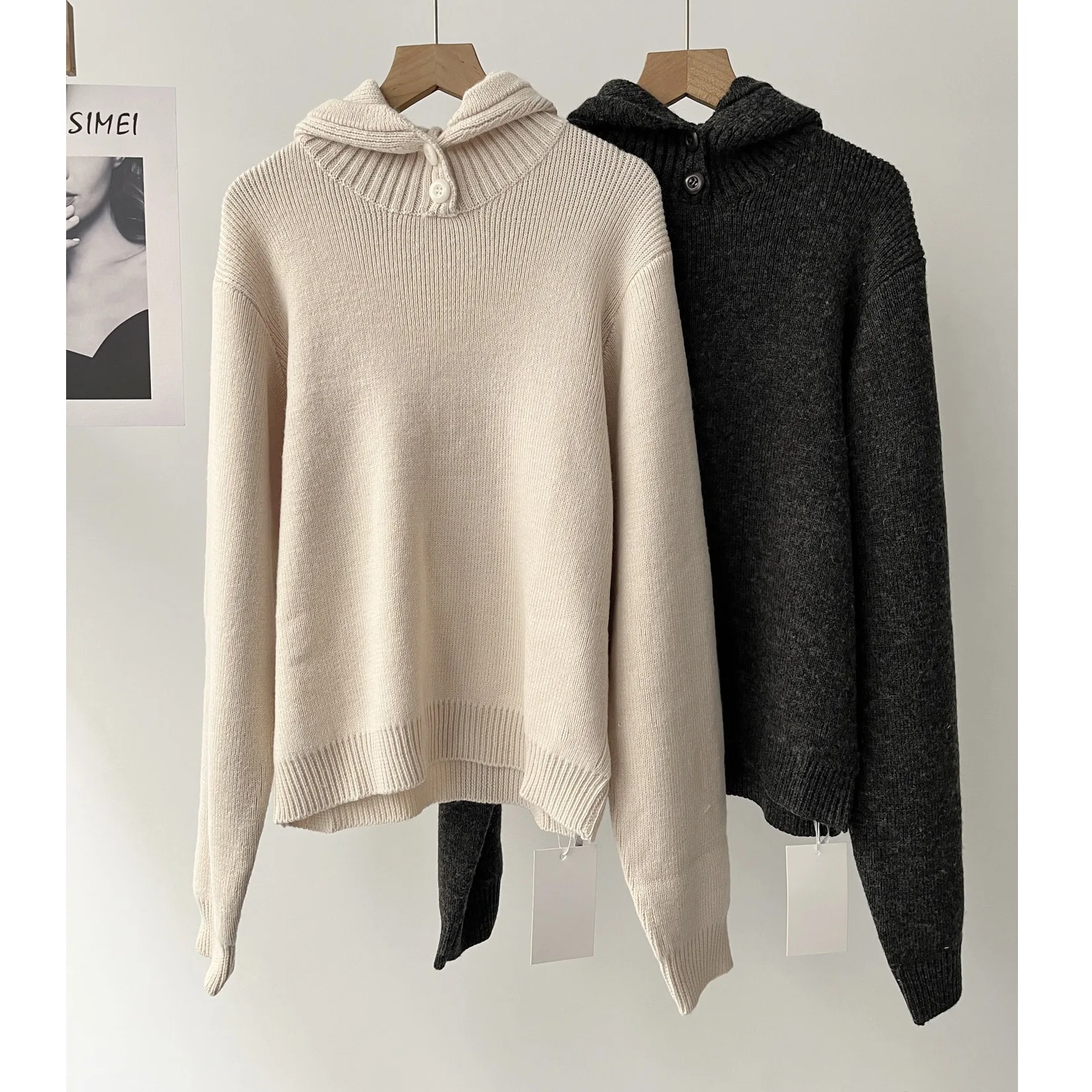

Hooded knitted sweater women's semi-open pit strip loose pullover sweater lazy wind casual top 067-2010