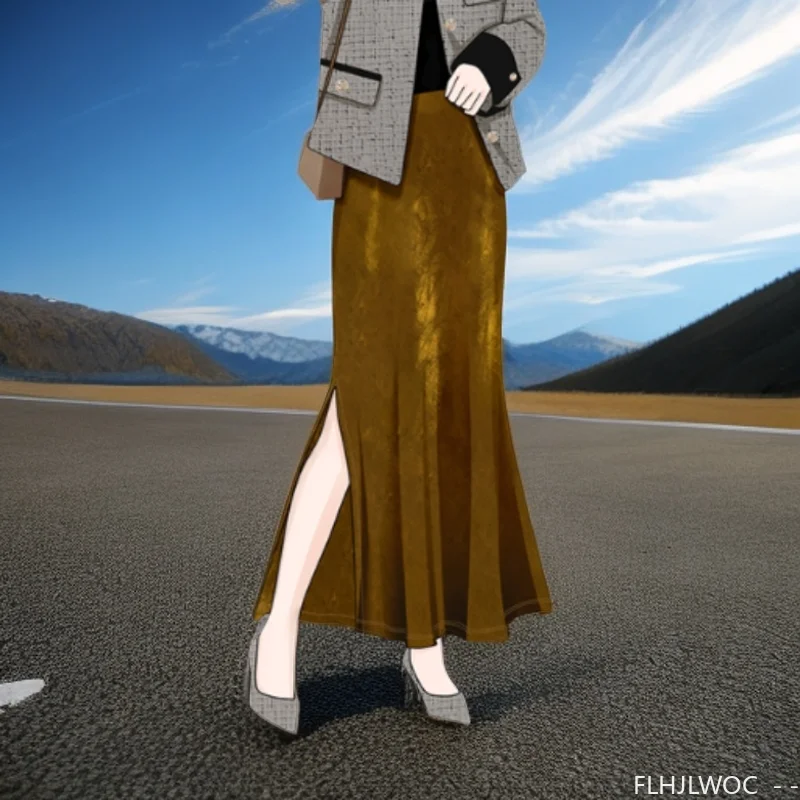 بلينغ برايت حورية البحر المخملية التنانير الكورية نمط مثالية للتخسيس تشكيل امرأة الخريف عالية الخصر مثير طويل سبليت ماكسي التنانير