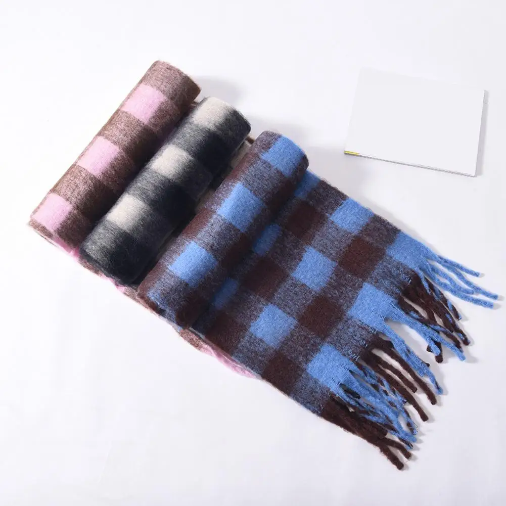 

Women Scarf Plaid Print Tassel Decoration Knitted Scarf Imitation Cashmere Warm Shawl Winter Accessory for Women Versatile Scarf