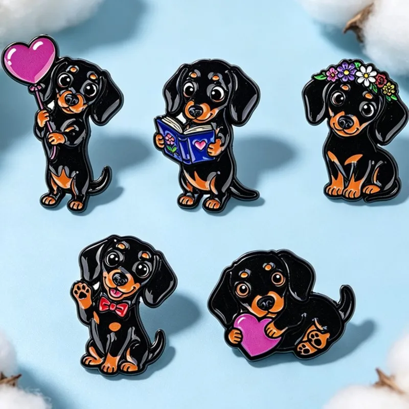 5pcs Cute Dachshund Enamel Pin Set Heart Flower Book Bow Dog Cartoon Brooch Backpack Hat Clothes Accessory Animal Lovers Gifts - view 4