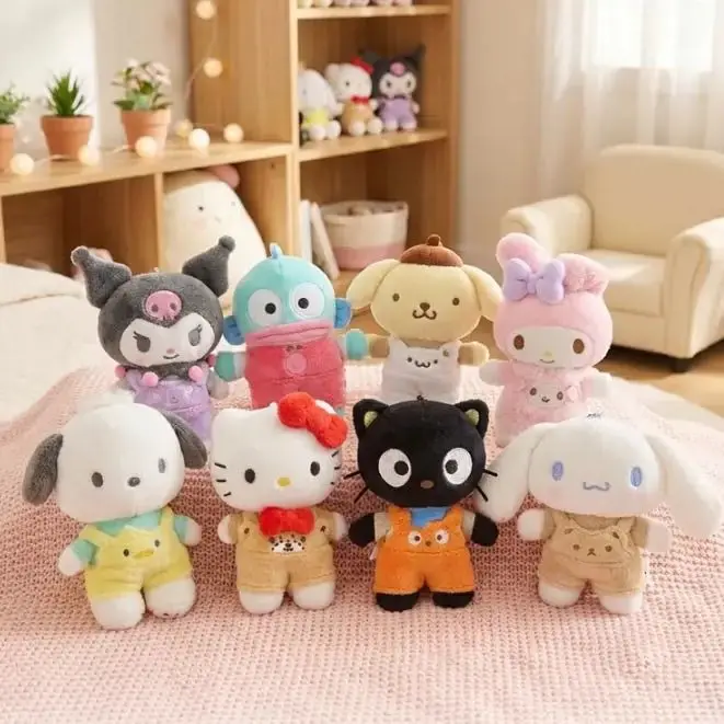 Sanrio Hello Kitty Cross-Dressing Overalls Outfits Plush Doll Keychain Backpack Pendant Car Key Zipper Decoration Festival Gift