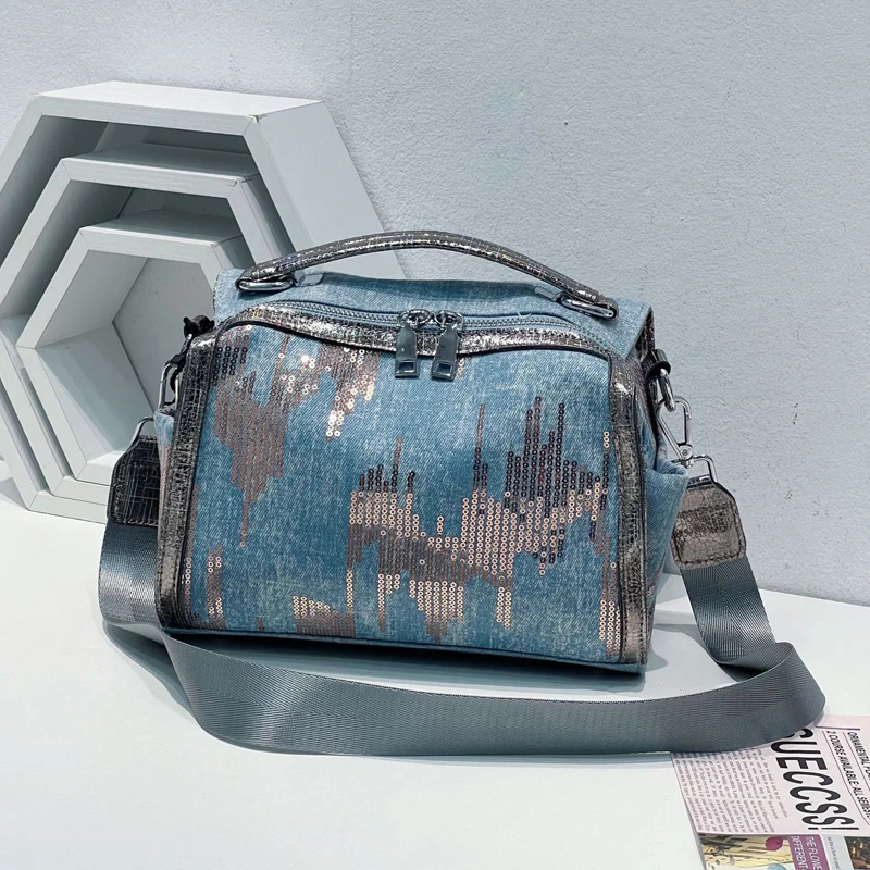 

European and American fashion tie dye beaded denim with leather western-style new women's bag One shoulder cross body portable